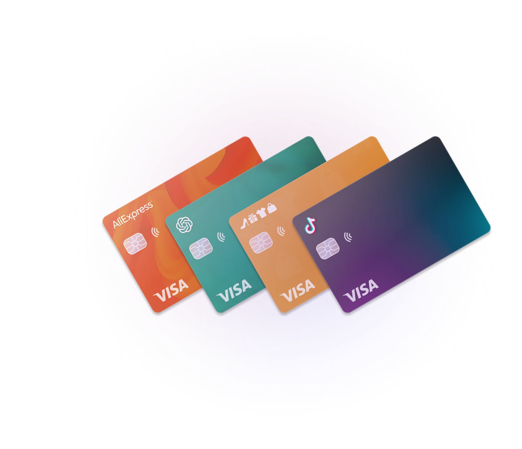 Visa cards featuring logos for Skrill and AliExpress, among others, with a series of colorful branded cards